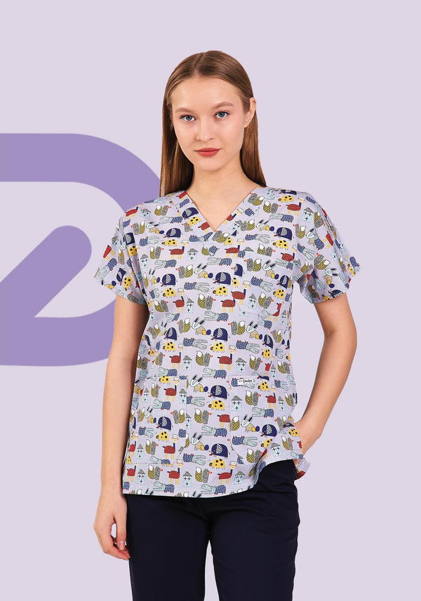 Cartoons Gray PatternFlex Scrub Top