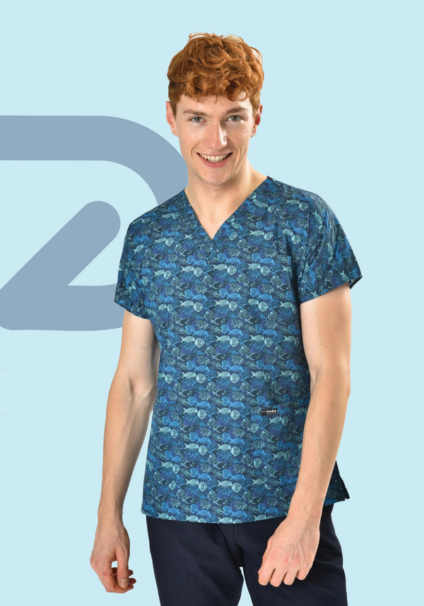 Blue Fish PatternFlex Scrub Top