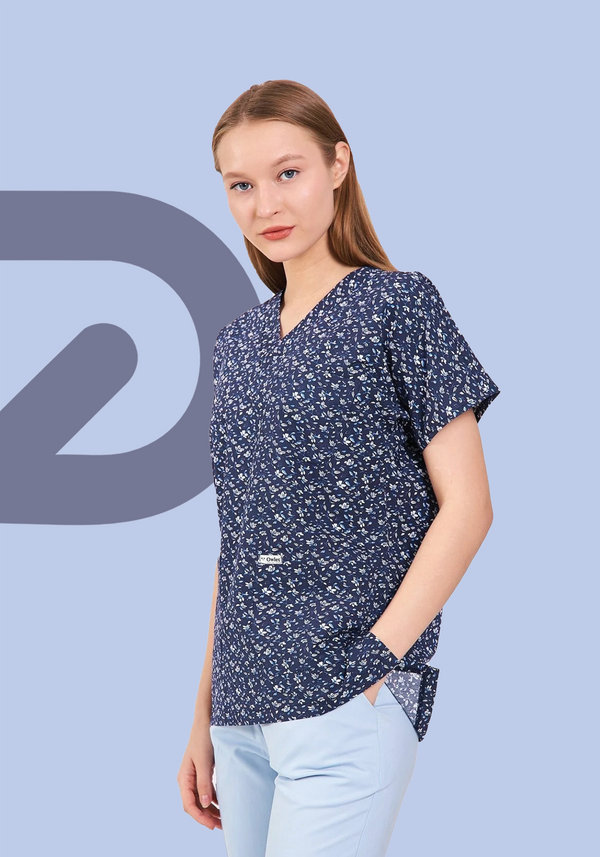 Navy Bloom PatternFlex Scrub Top